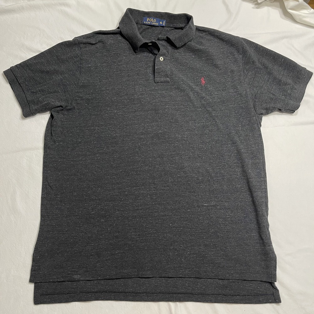 Polo Ralph Lauren Mens XL Polo Shirt Black Heathered 100% Cotton Burgundy Pony